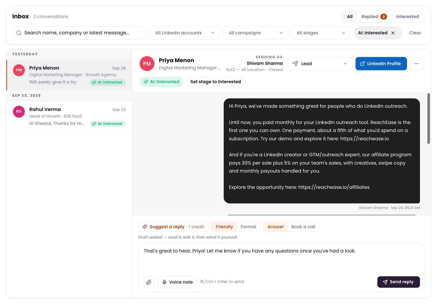 ReachEase — AI labels every reply, and suggests the answer